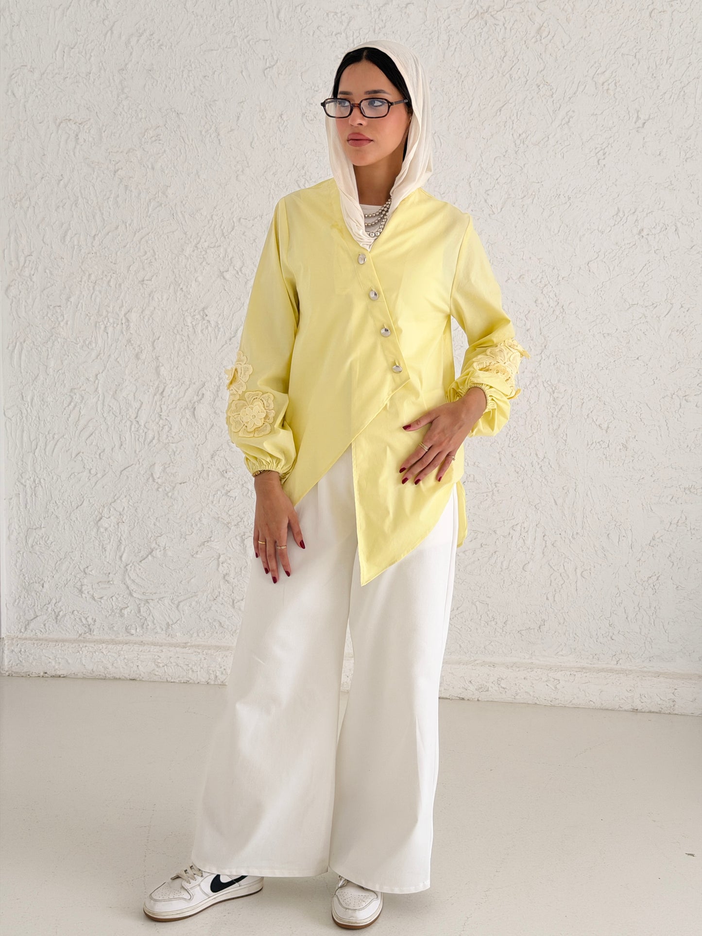Buttoned Embroidery Chemise - Yellow