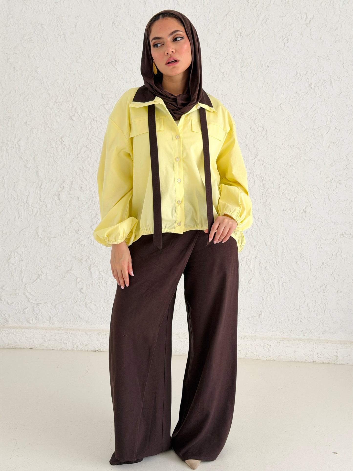 Poplin Shirt with Neck Tie - Yellow
