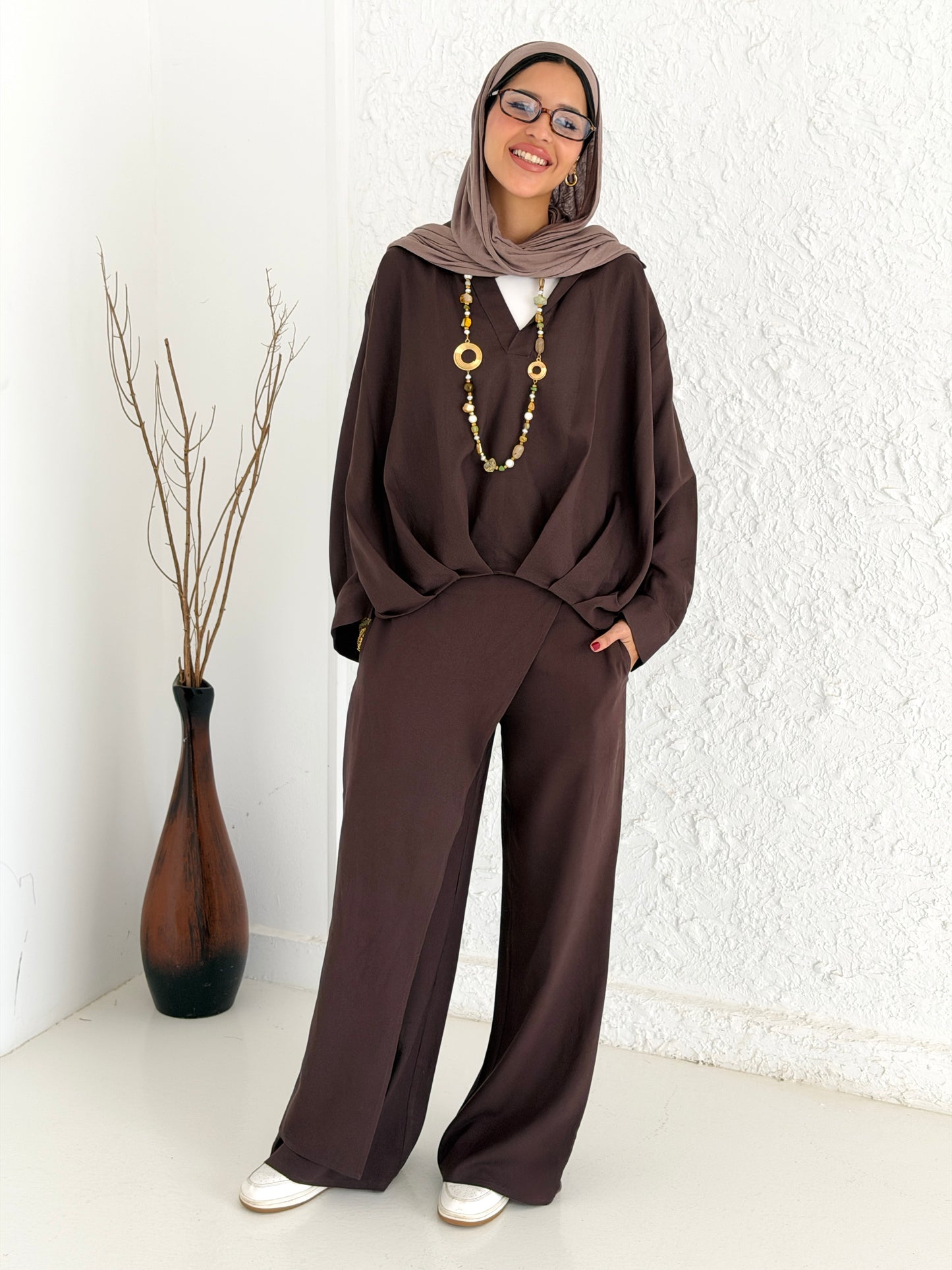 Linen Shirt With Balloon Hem - Brown
