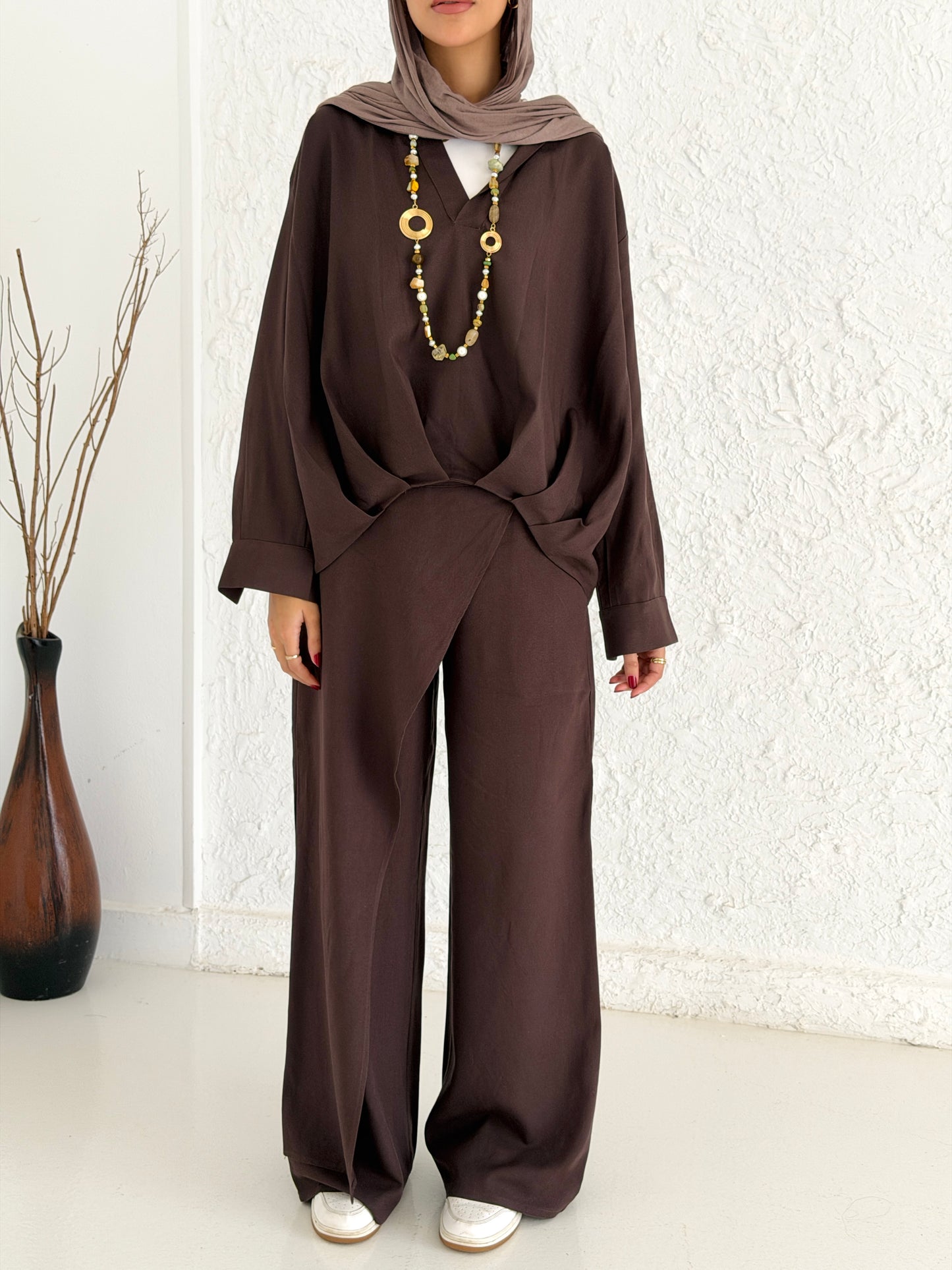 Linen Shirt With Balloon Hem - Brown