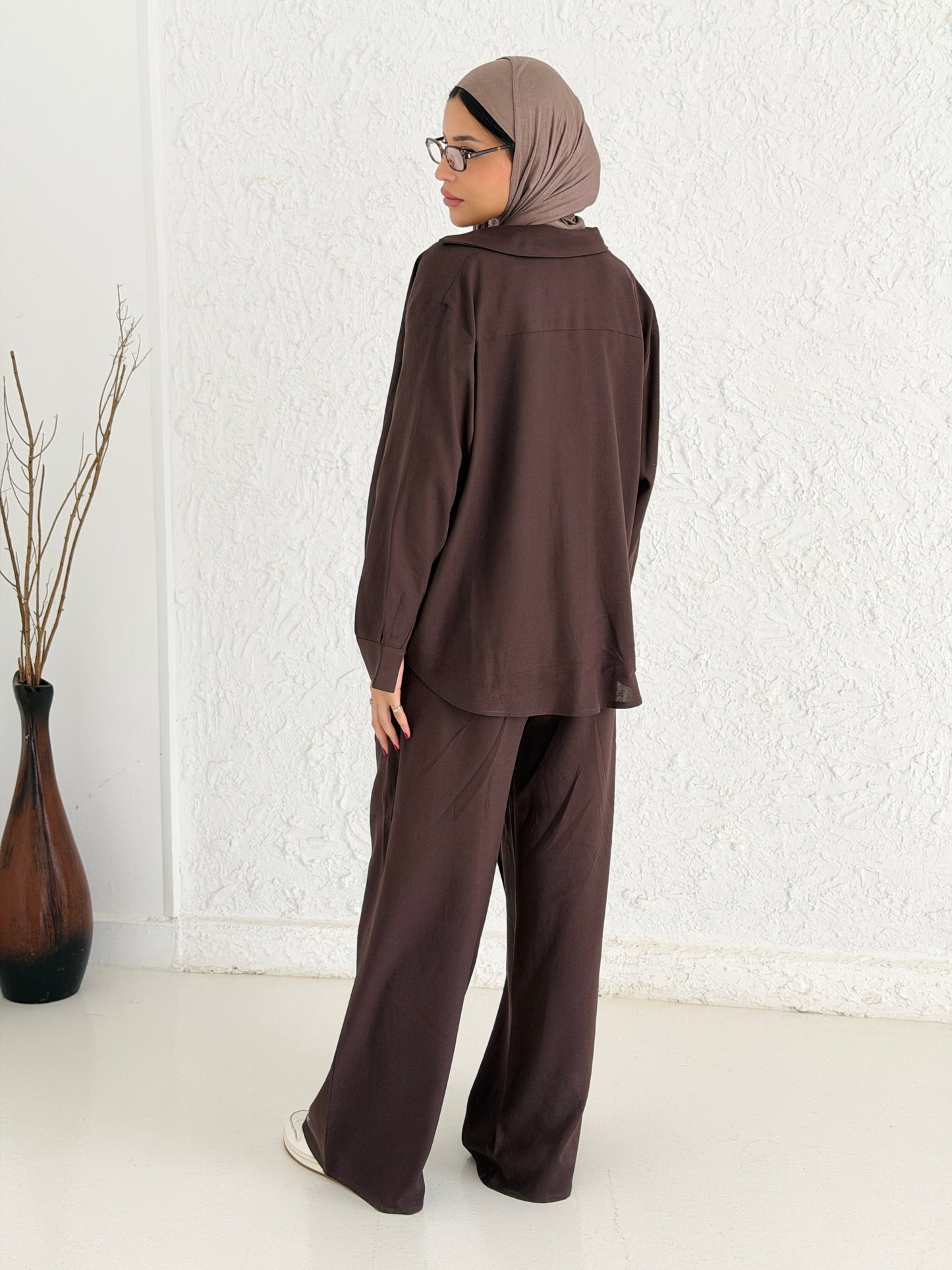 Linen Shirt With Balloon Hem - Brown