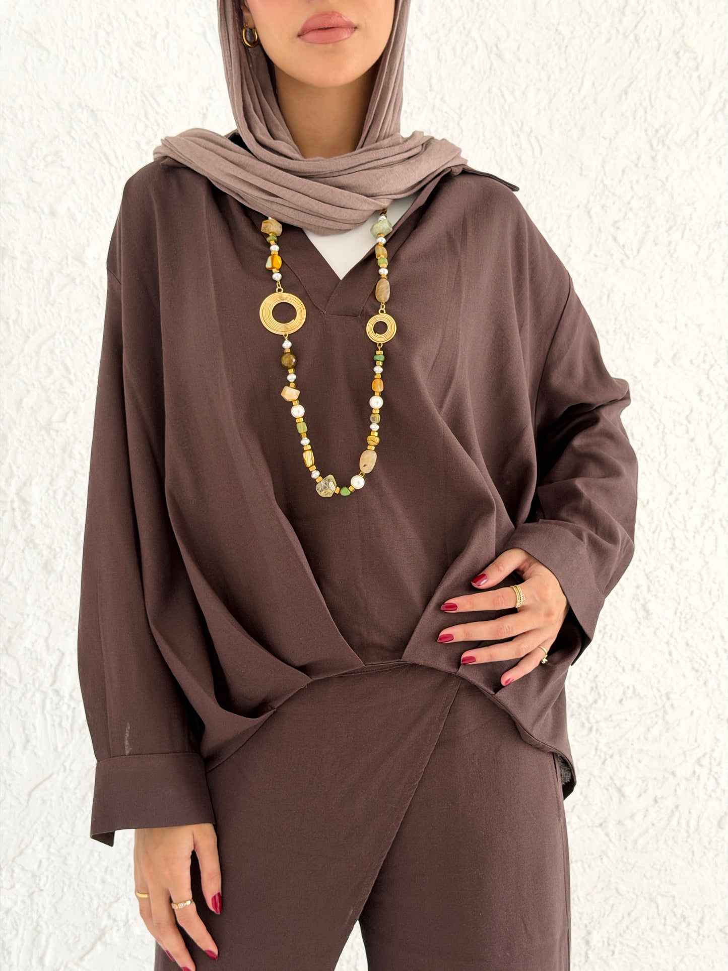 Linen Shirt With Balloon Hem - Brown