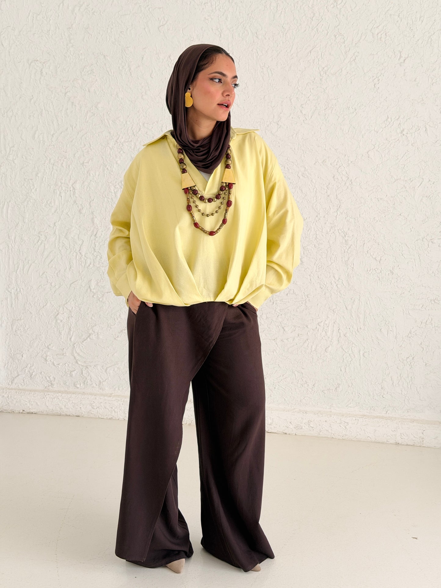 Linen Shirt With Balloon Hem - Yellow