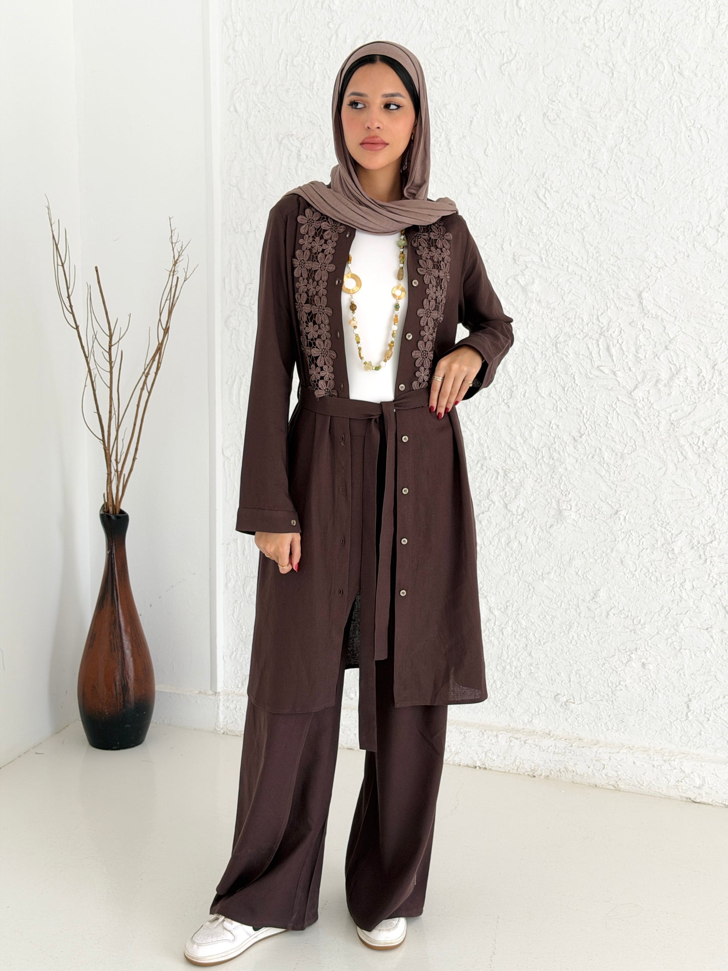 Linen Shirt with Embroidery - Brown