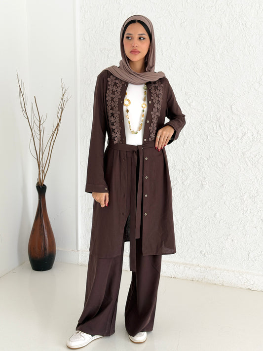 Linen Shirt with Embroidery - Brown