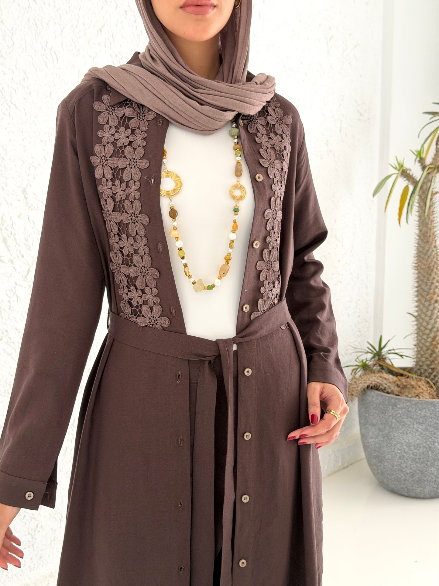 Linen Shirt with Embroidery - Brown