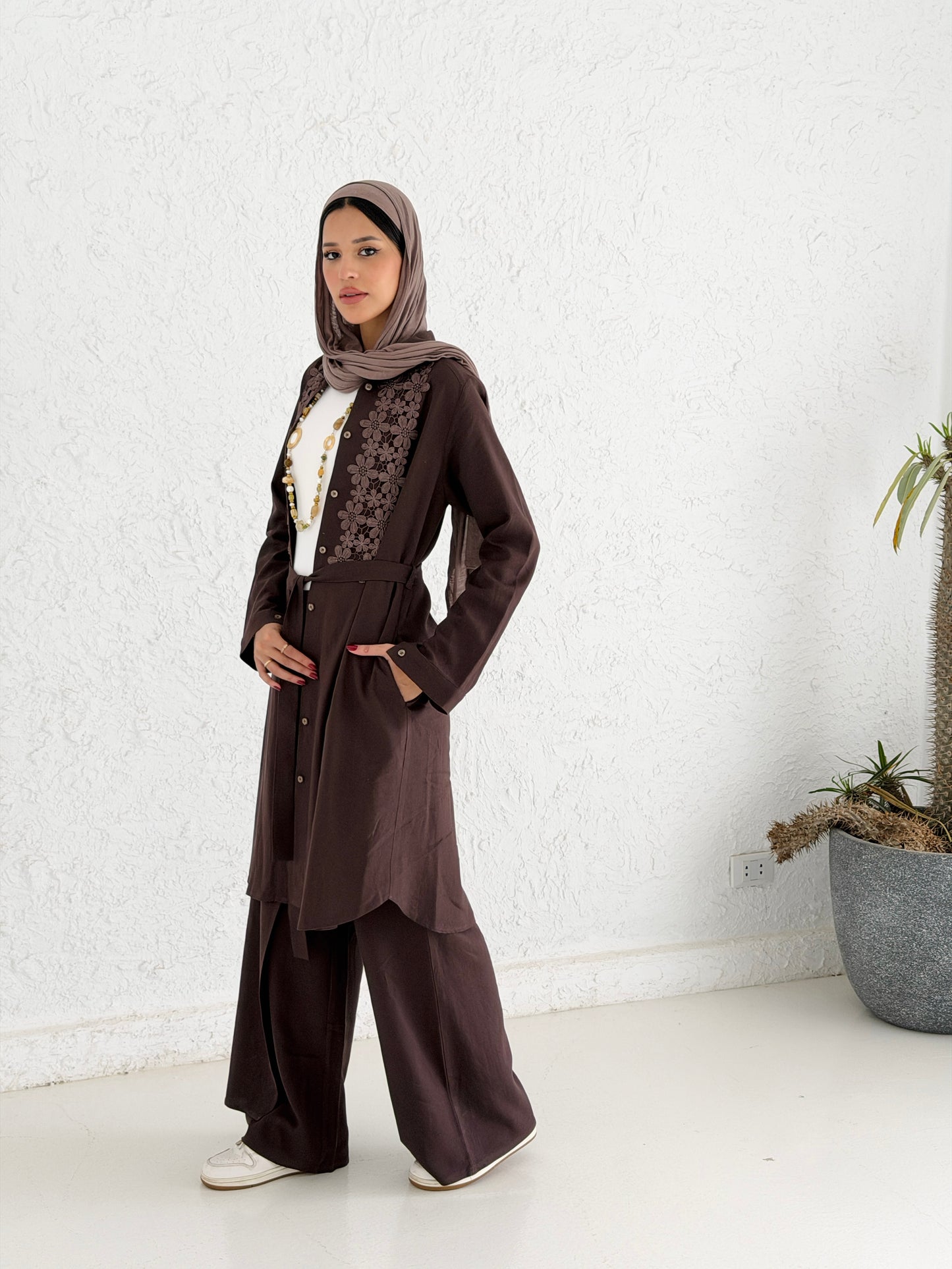 Linen Shirt with Embroidery - Brown