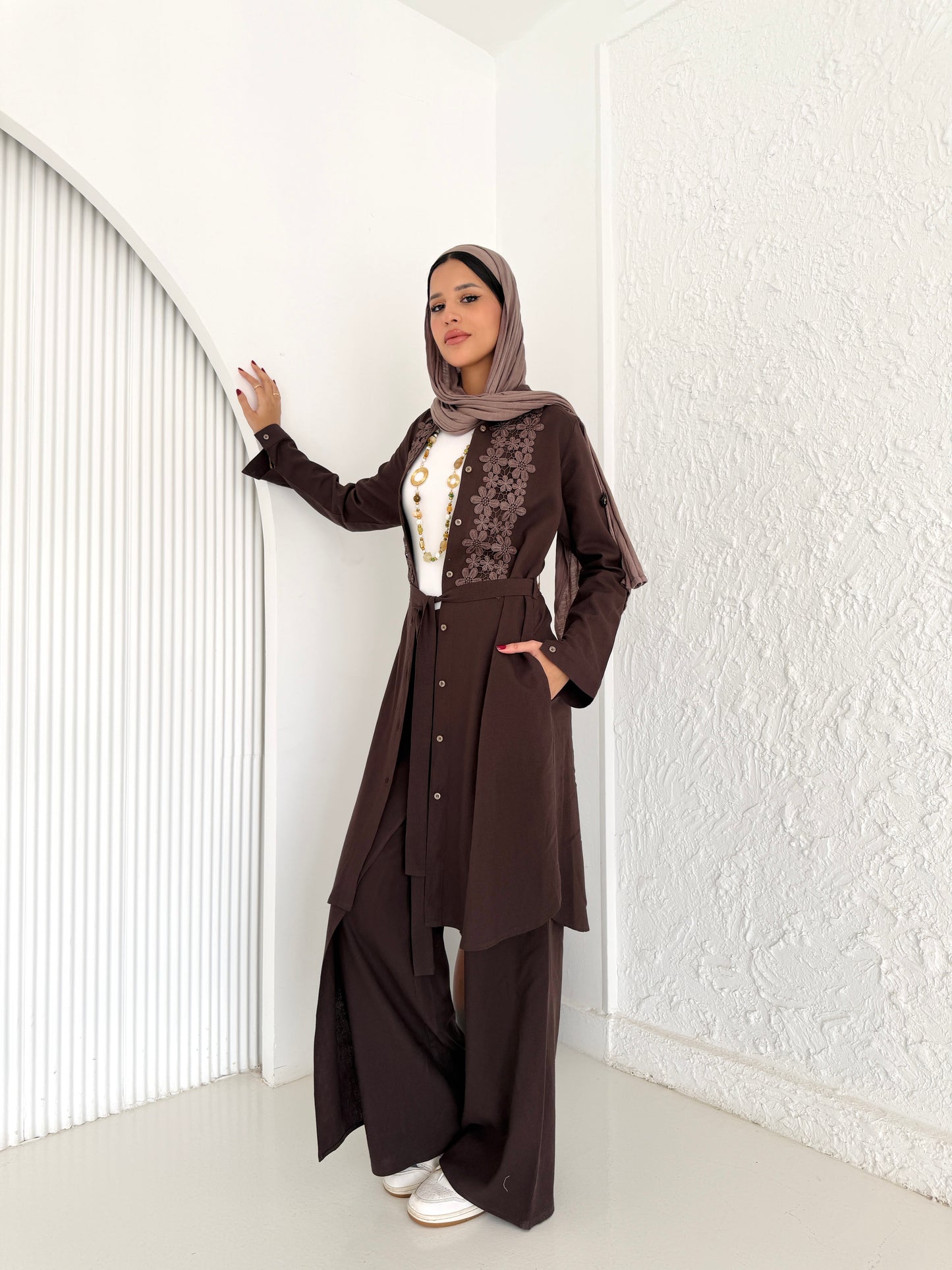 Linen Shirt with Embroidery - Brown