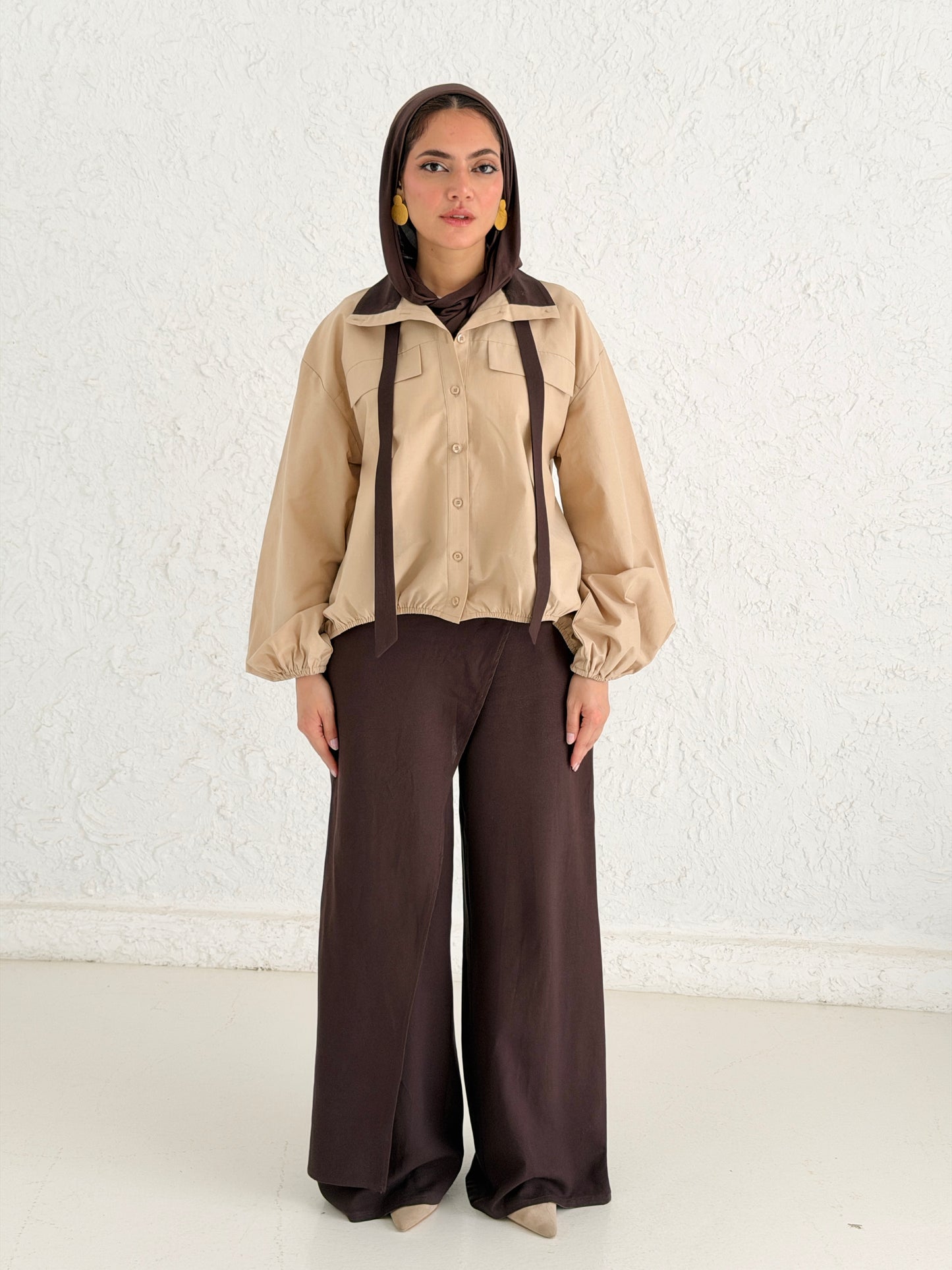Poplin Shirt with Neck tie - Beige
