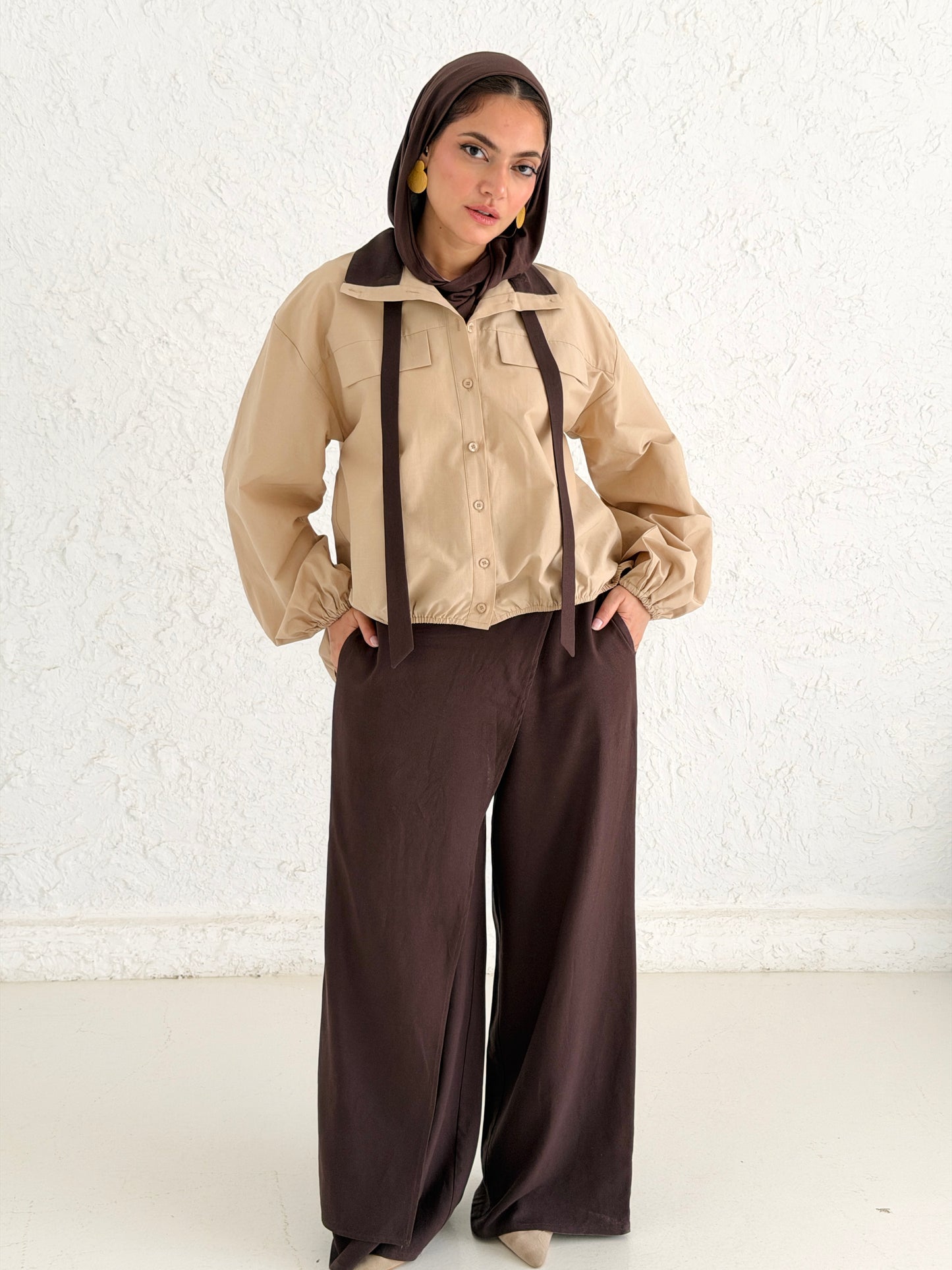 Poplin Shirt with Neck tie - Beige