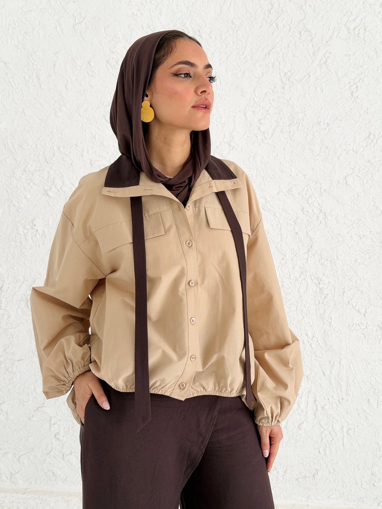 Poplin Shirt with Neck tie - Beige