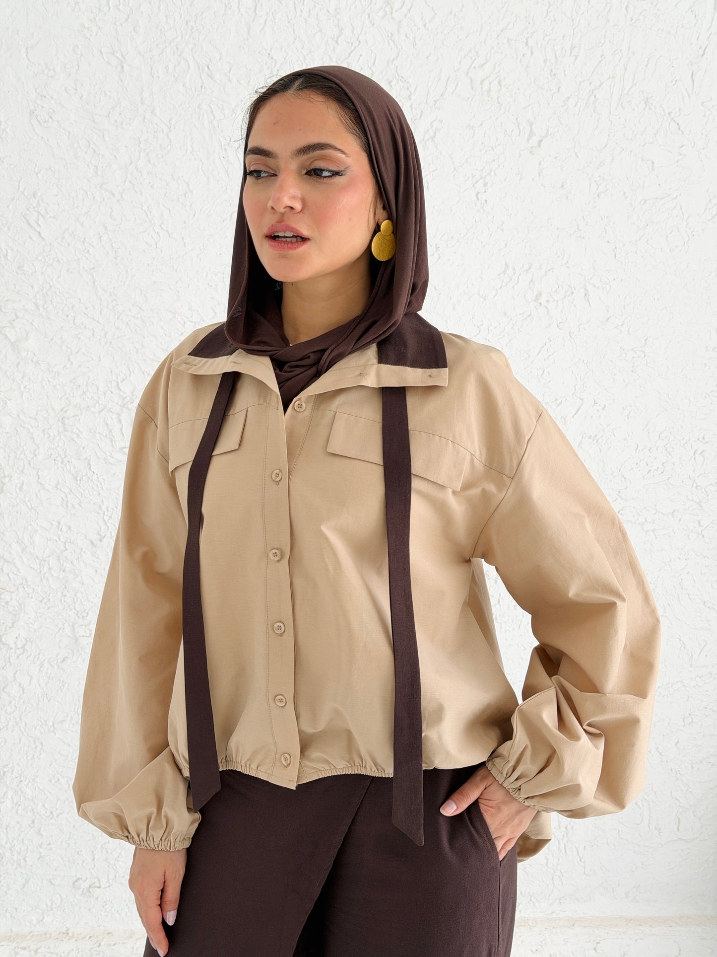 Poplin Shirt with Neck tie - Beige