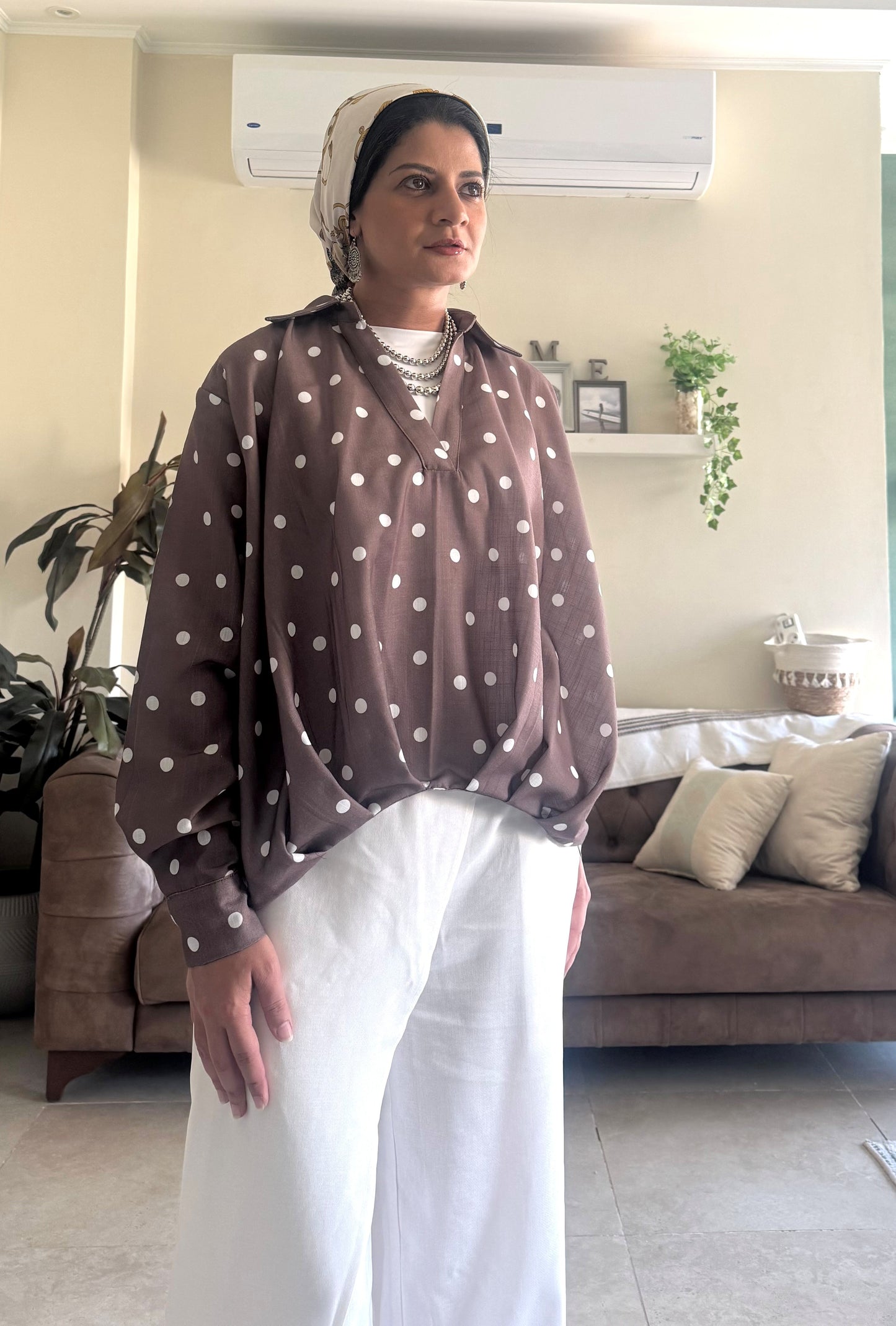 Linen Shirt Balloon Hem - Polka Dot Brown