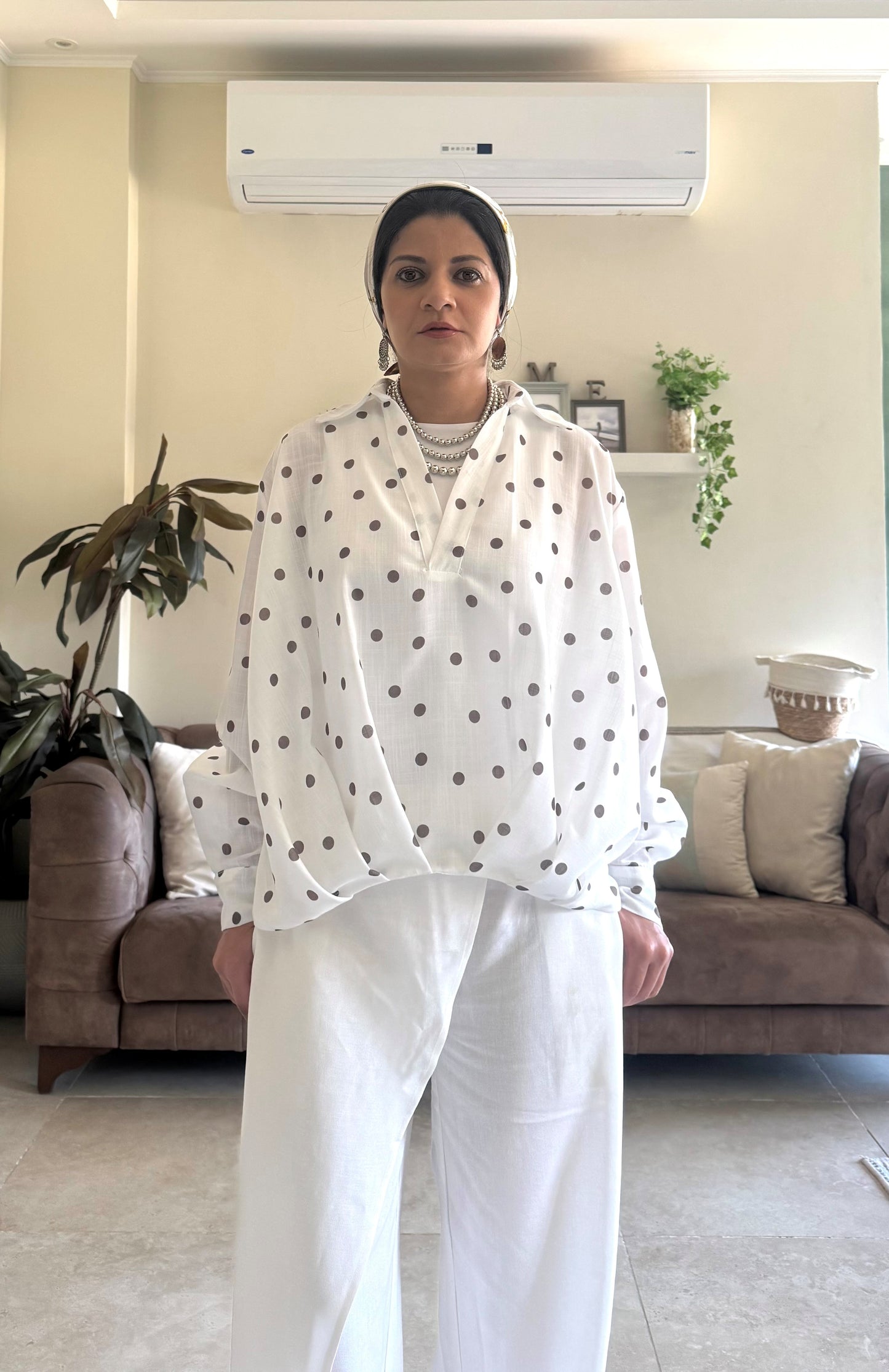 Linen Shirt Balloon Hem - Polka Dot White