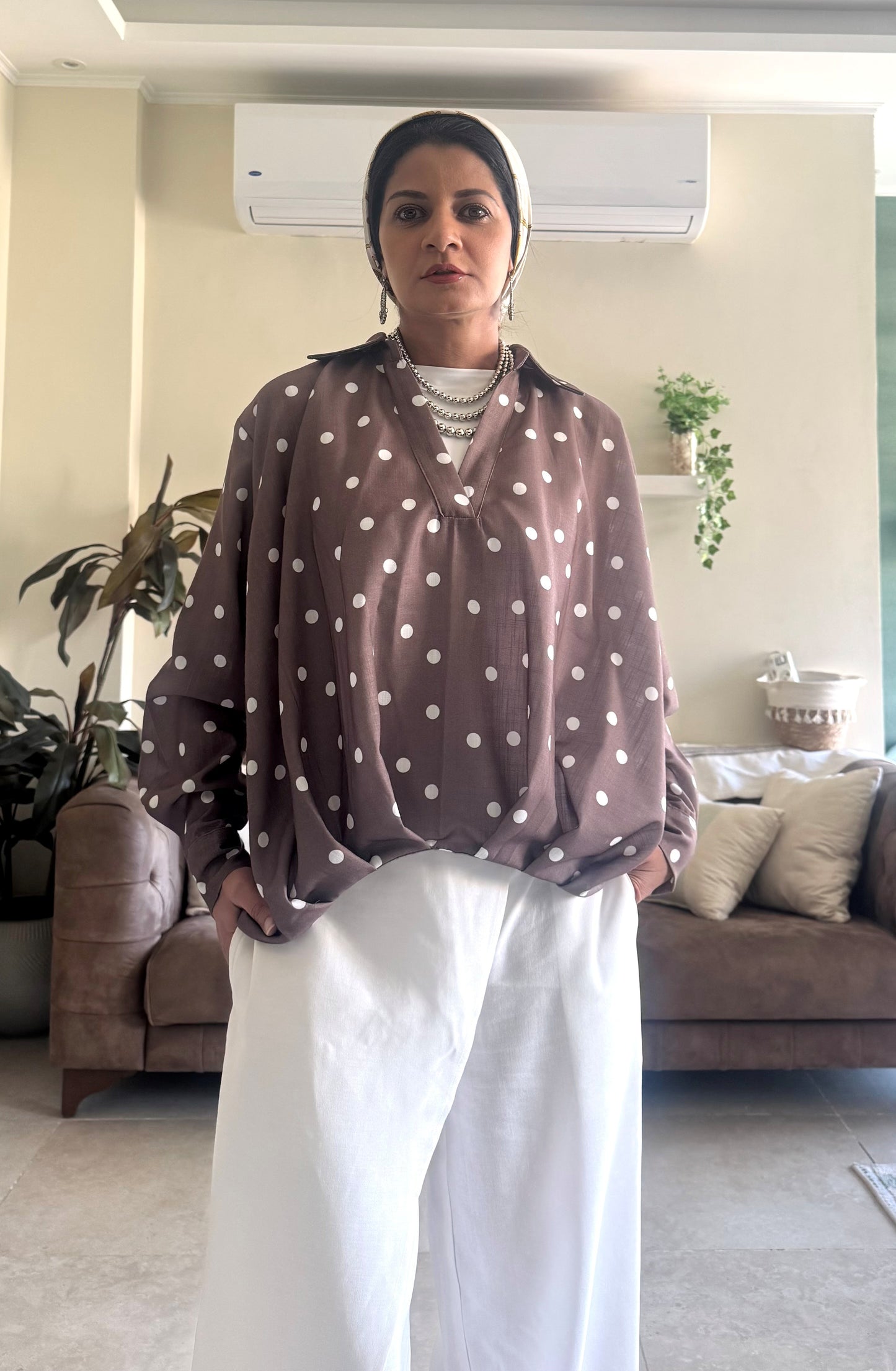 Linen Shirt Balloon Hem - Polka Dot Brown