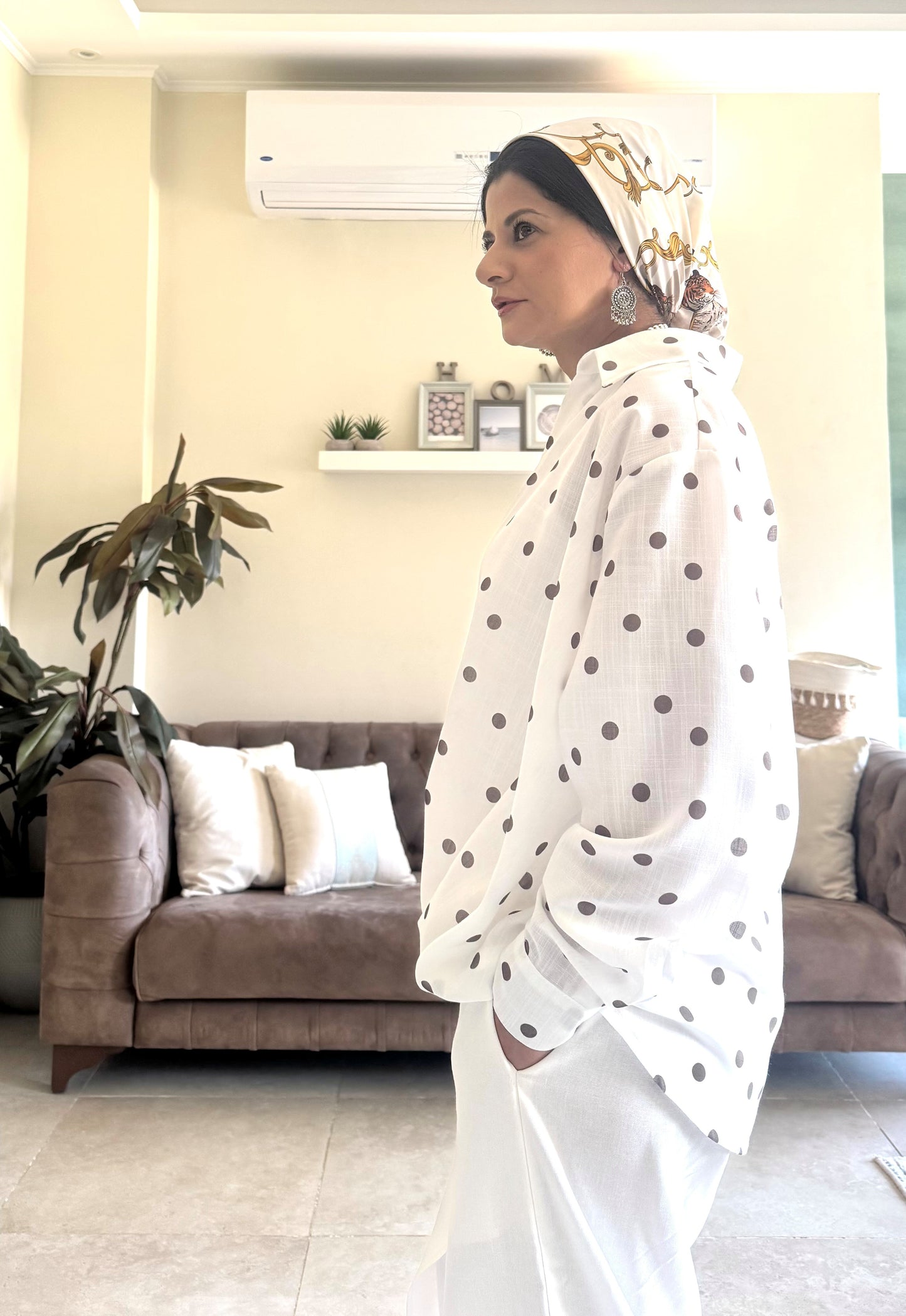 Linen Shirt Balloon Hem - White Polka Dot