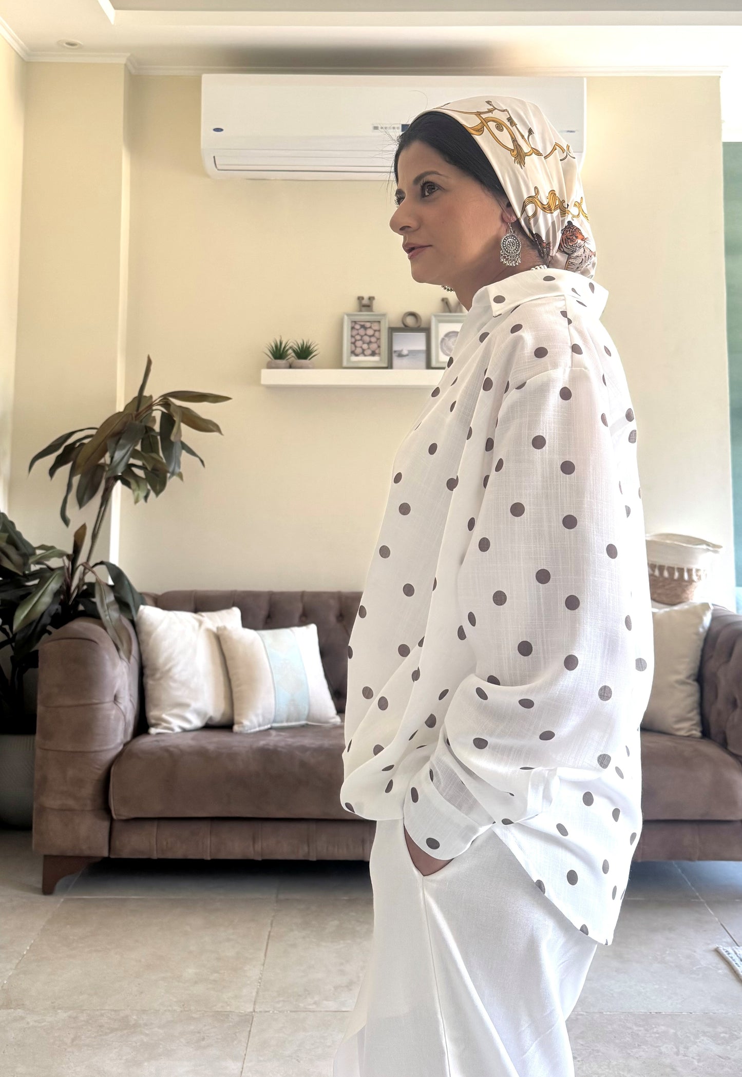Linen Shirt Balloon Hem - Polka Dot White