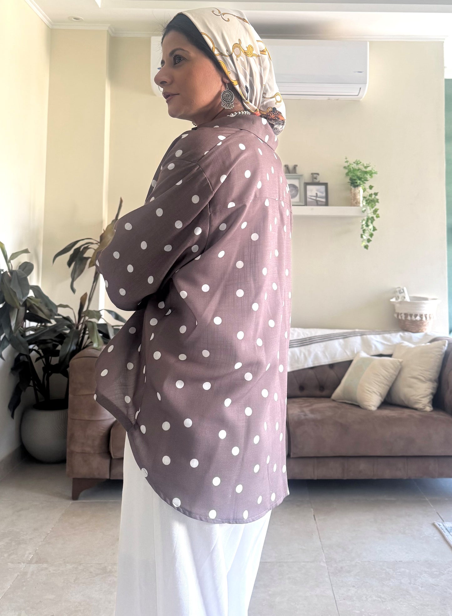 Linen Shirt Balloon Hem - Polka Dot Brown