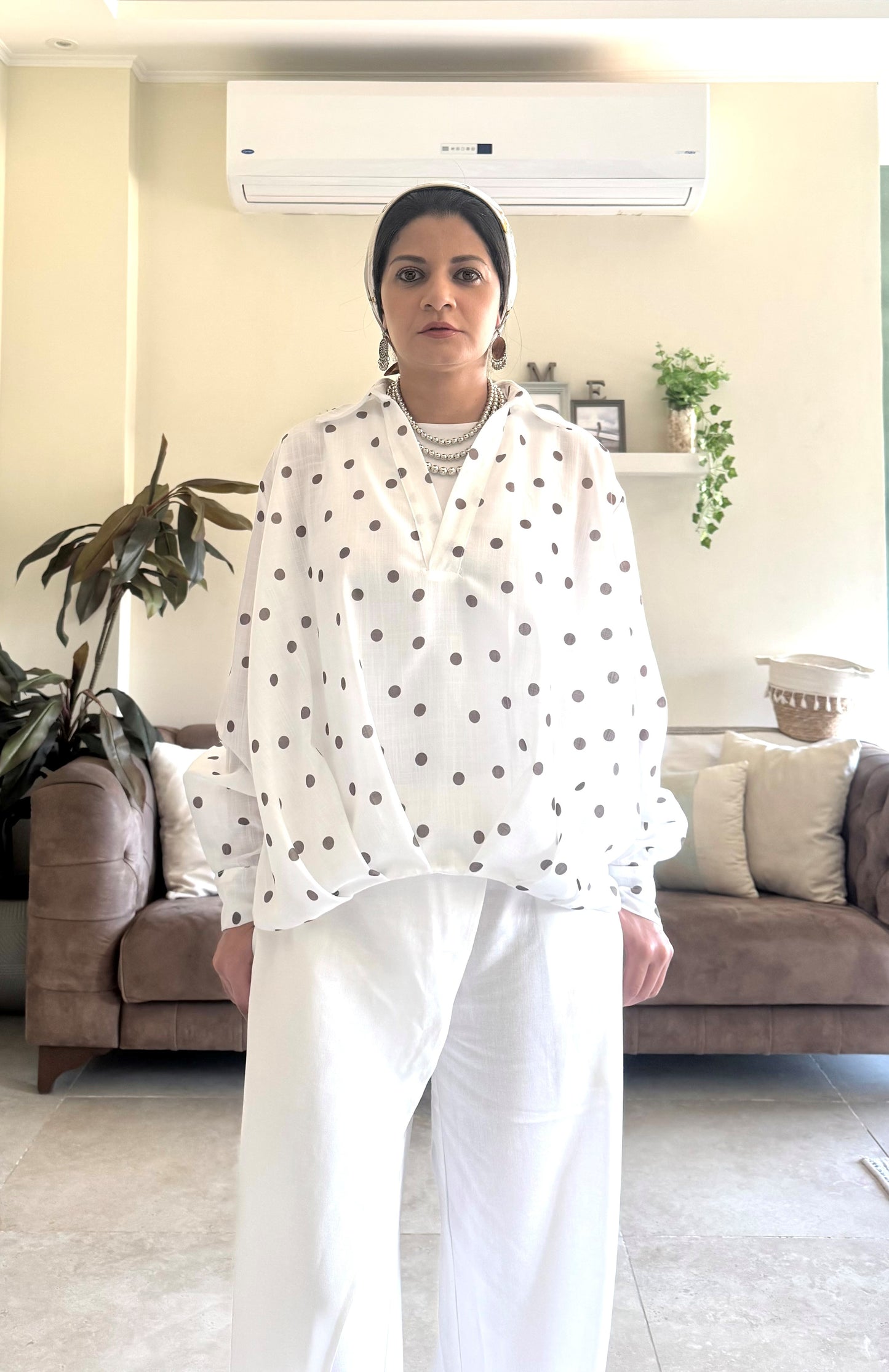 Linen Shirt Balloon Hem - White Polka Dot