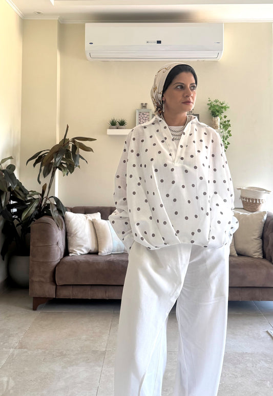 Linen Shirt Balloon Hem - Polka Dot White