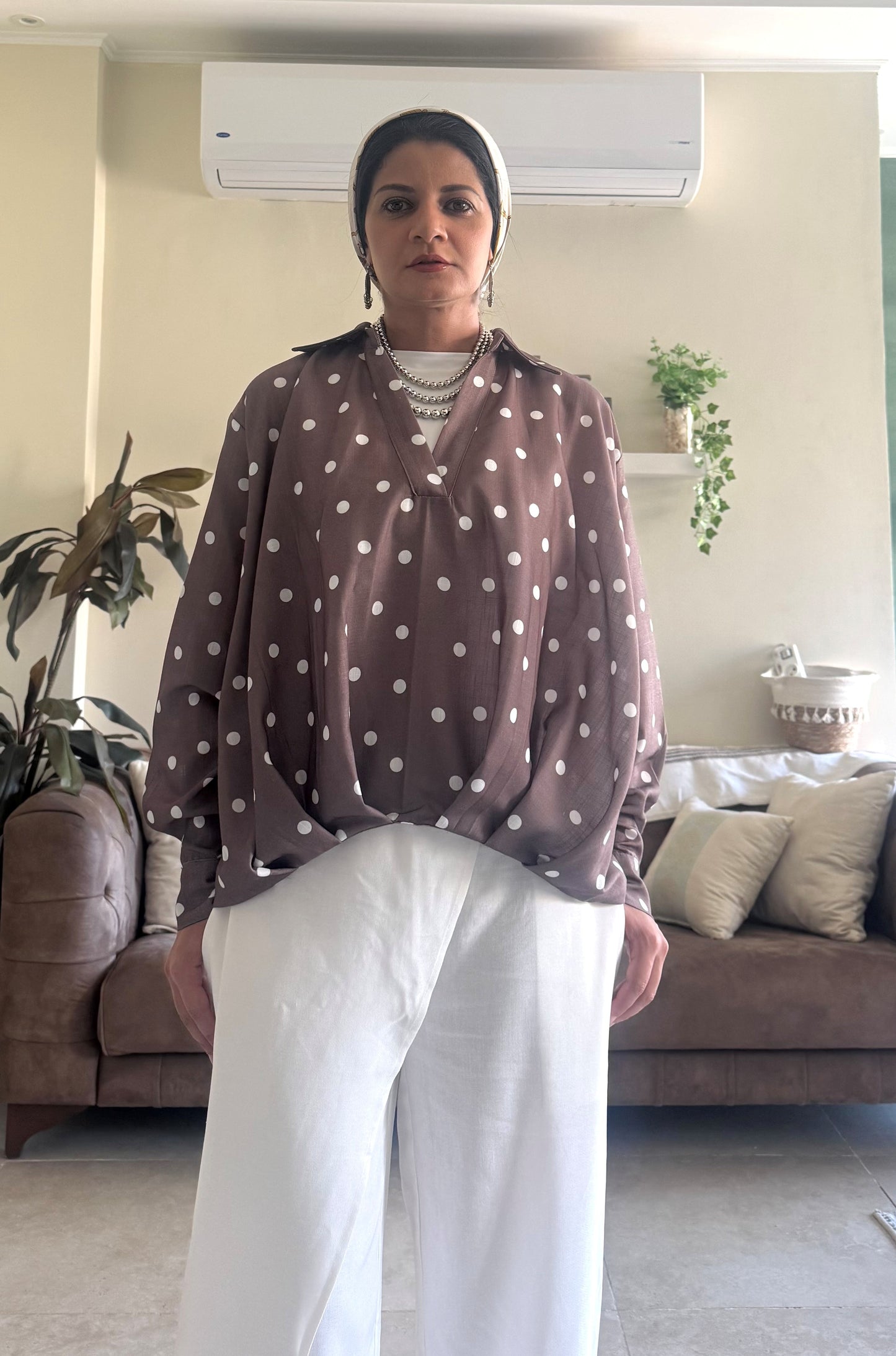 Linen Shirt Balloon Hem - Polka Dot Brown