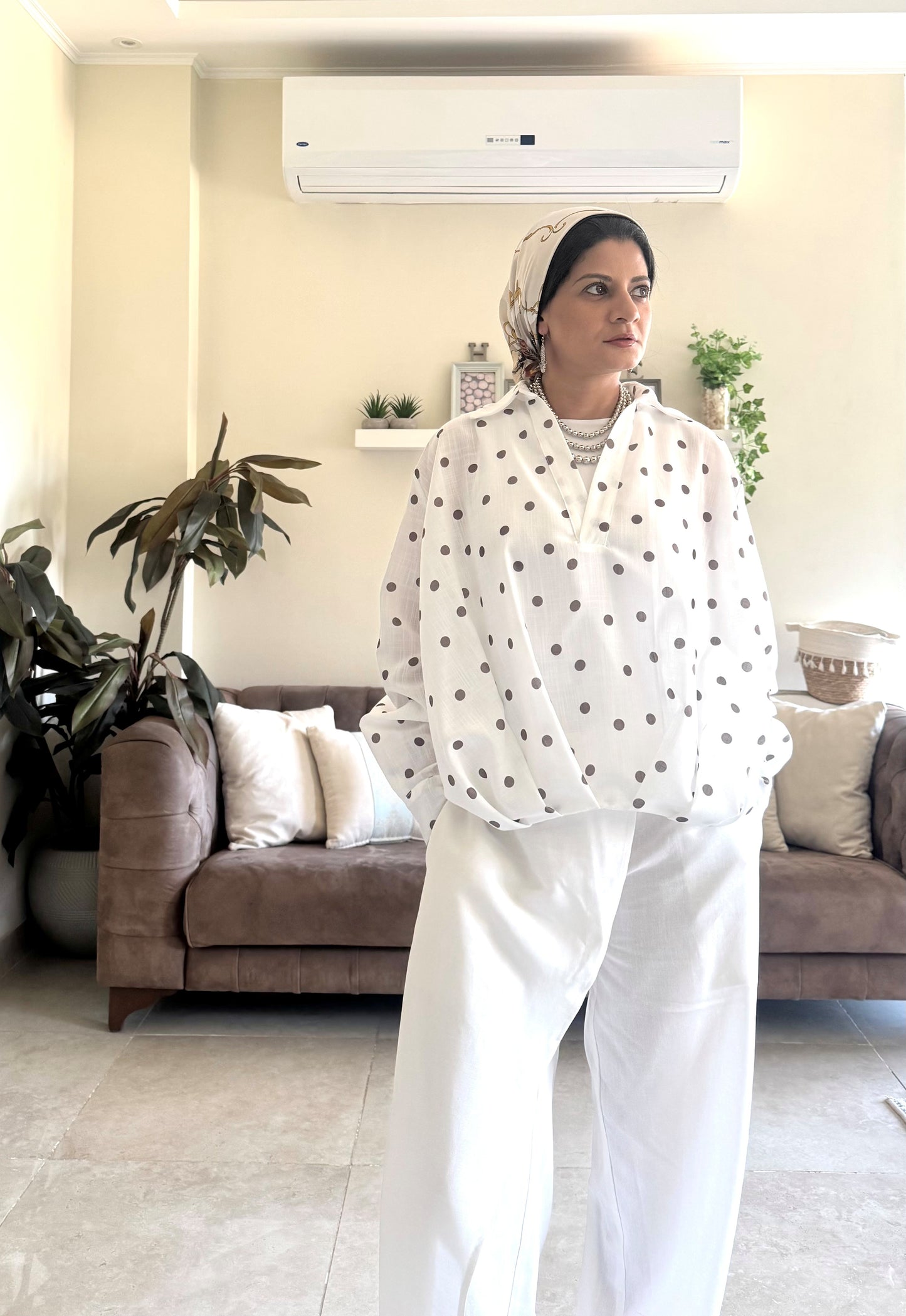 Linen Shirt Balloon Hem - White Polka Dot